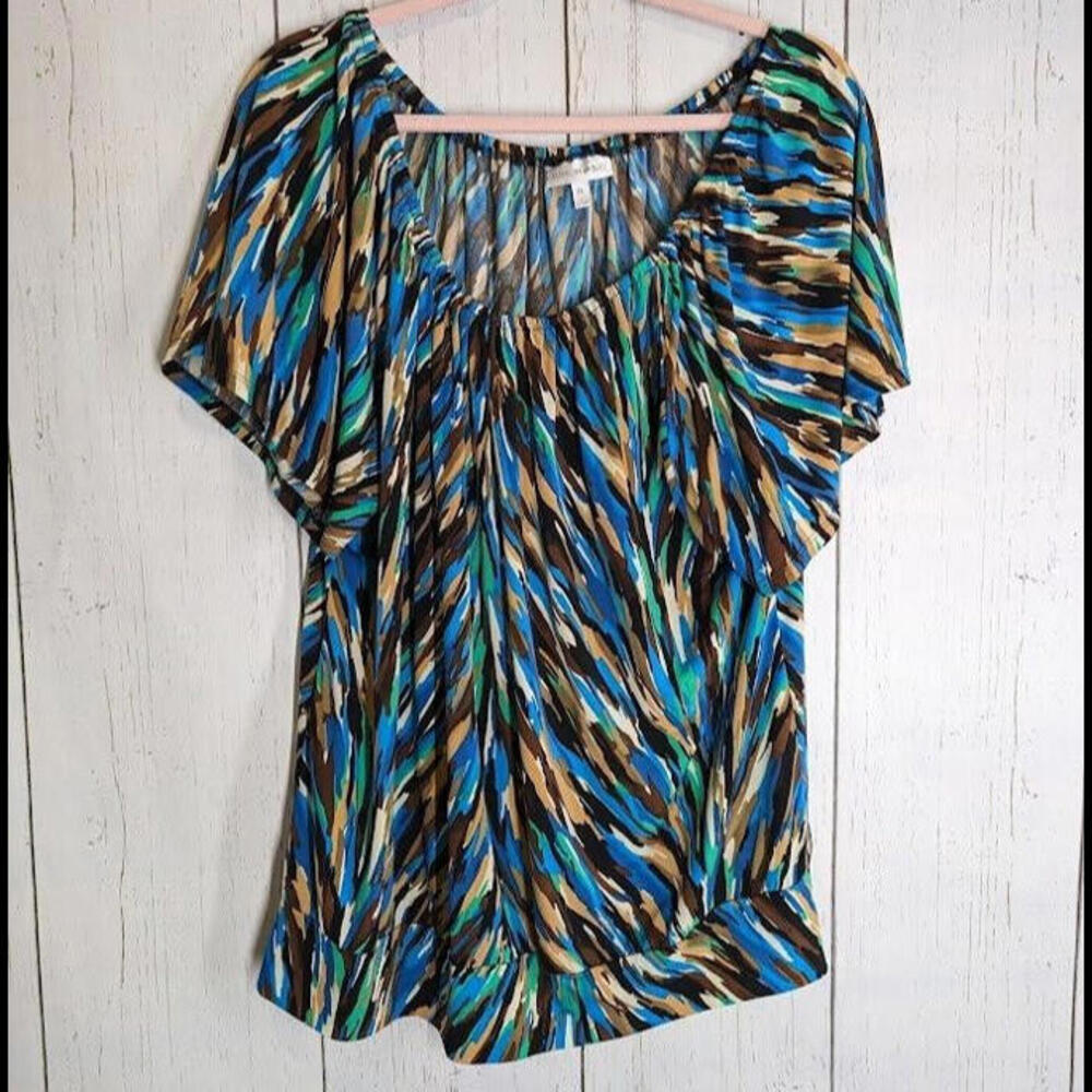 Fashion Bug Size 1X Multicolored Patterned Short Sleeve Casual‎ Blouse Top